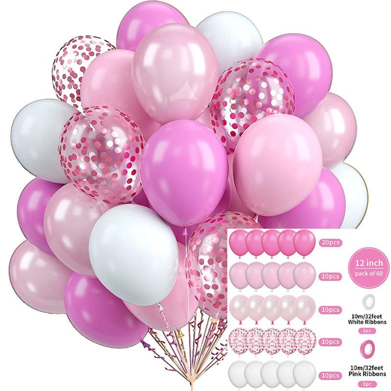 60-Piece 12-Inch Assorted Latex Balloon Set, Heavy-Duty Latex Balloons + Glitter Balloons + Ribbons, Birthday Party & Wedding Decorations, Multi-Color
