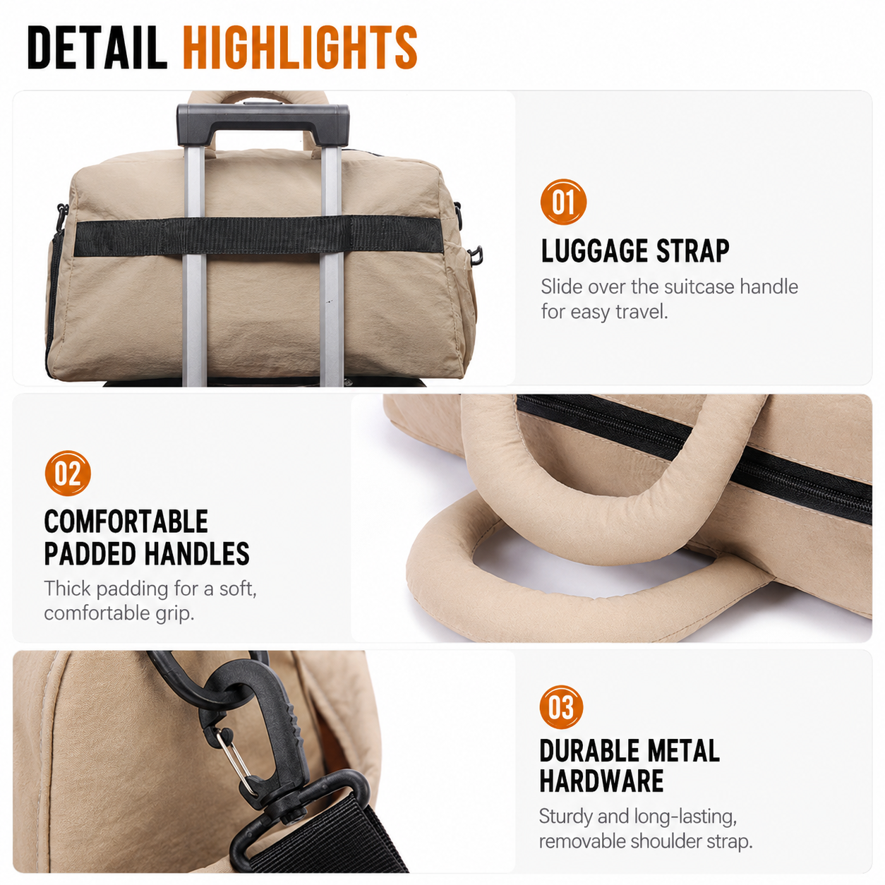 Khaki Large Capacity Waterproof Travel Duffel Bag with Shoe Compartment & Padded Sponge Handles - Lightweight Muti Pockets Gym Crossbody Bag and Airplane Carry โ image 4