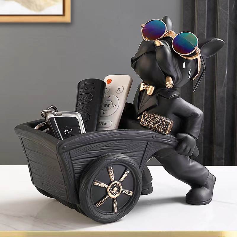 French Bulldog Pushing Wheelbarrow Storage Figurine Resin Statue Key Bowl Candy Dish Entryway Organiser Home Decor Gift Black