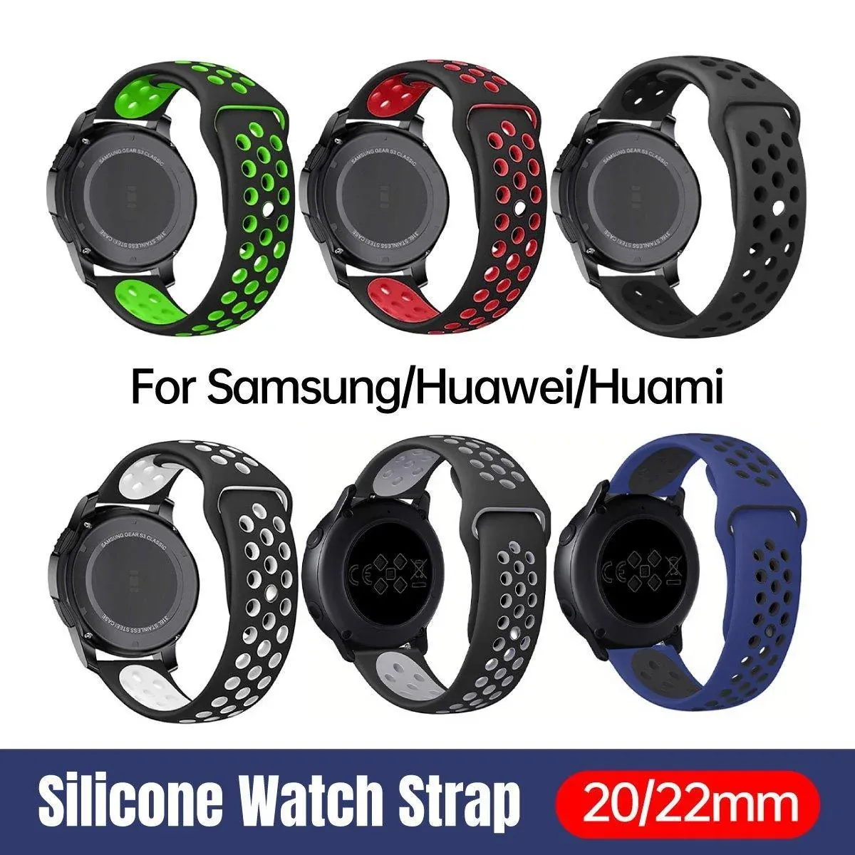 22mm 20mm Silicone Sports Watch Band for Samsung Huawei Huami Two-Tone Strap - 20mm-Black β image 2