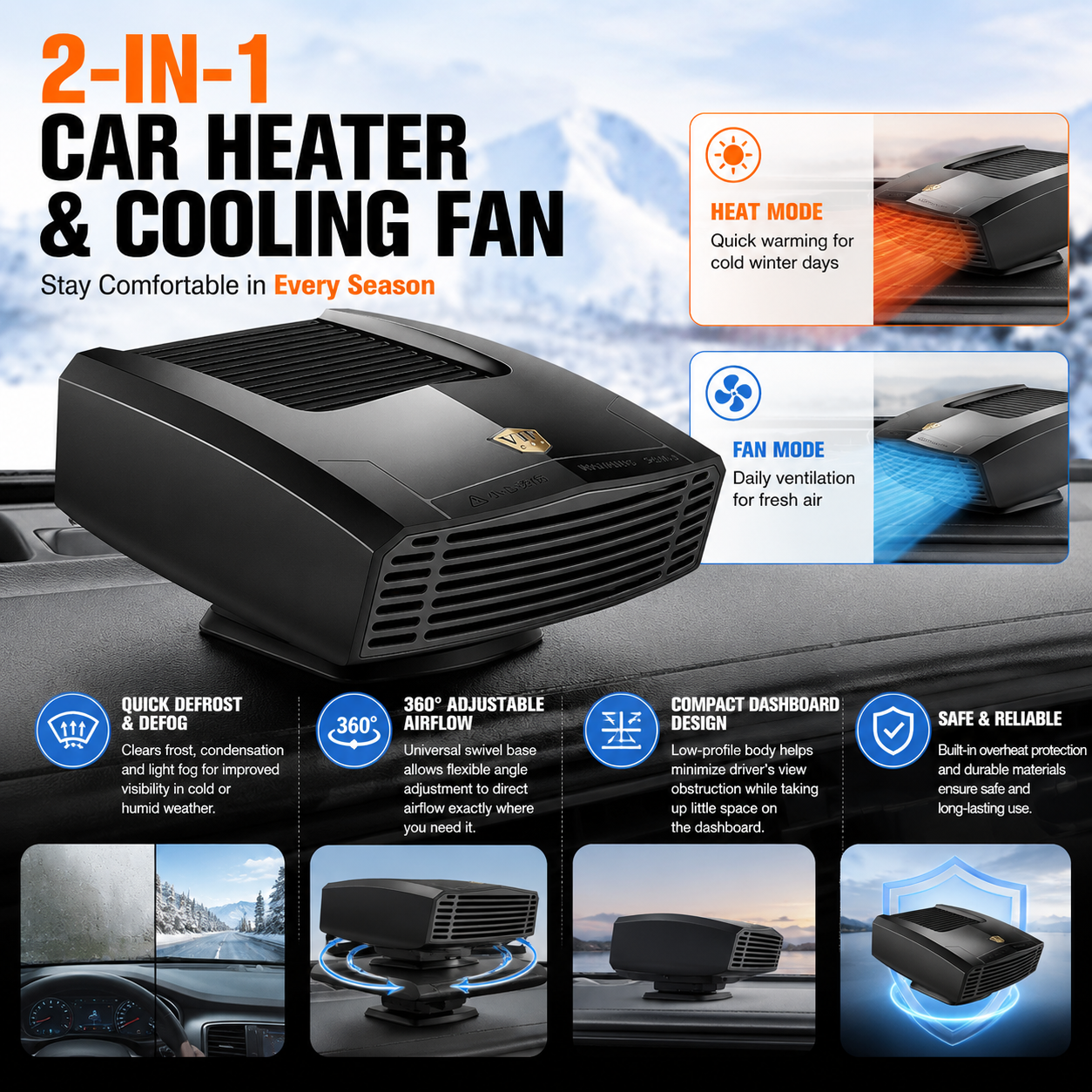 Black Portable Car Heater Fan with 360° Adjustable Base, Fast Defrost & Demister, Dual Mode Heat & Cooling Fan, Quiet Constant Tempe Dashboard Heater for Cars