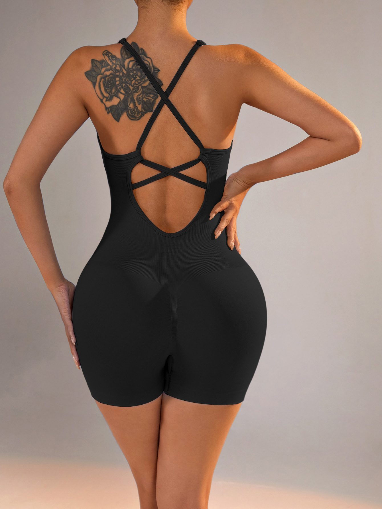 Size S Black Nylon Seamless Yoga Bodysuit - Women's Athletic Romper, Crisscross Back, Workout Jumpsuit โ image 6