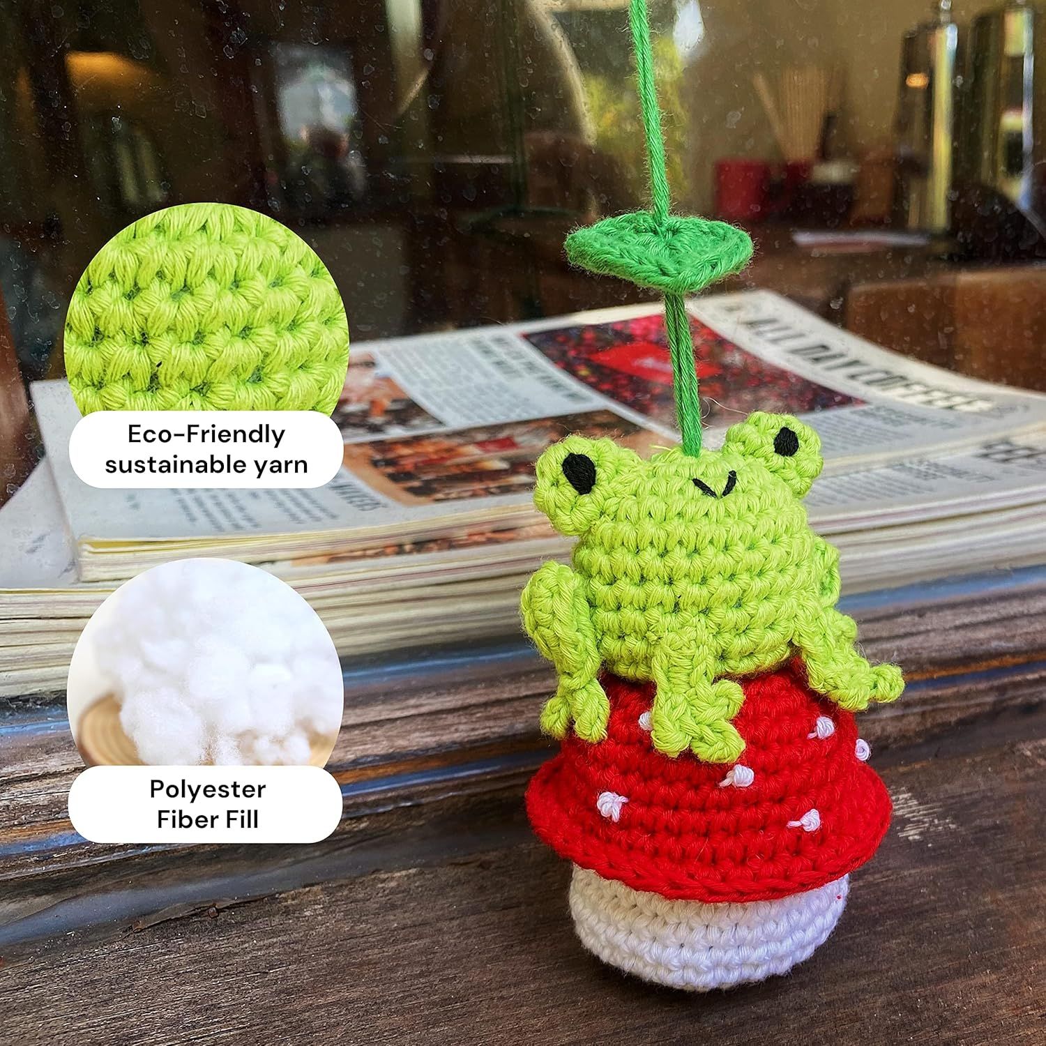 Crochet Frog and Mushroom Ornament, Accessories for Rear View Window, Handmade Hanging Car Charm, Automotive Interior Decorations, House Decoration (Frog and — image 3
