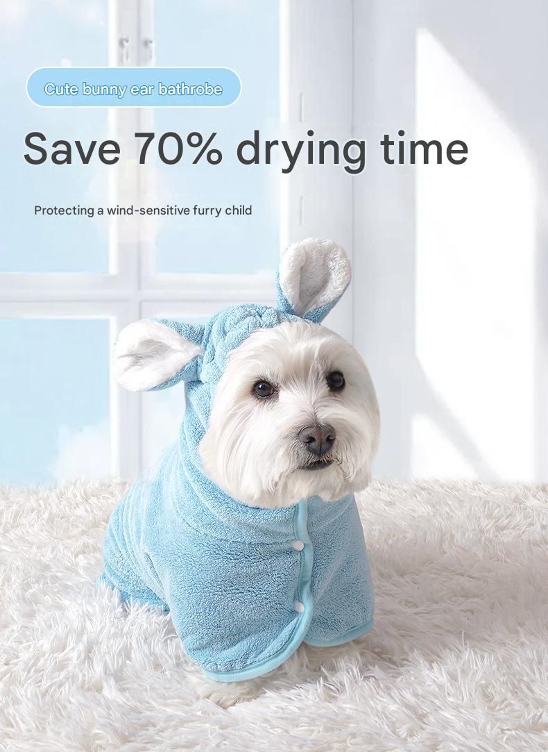 Yellow S size Pet Drying Robe with Hood - Quick Dry Coral Fleece Towel for Dogs and Cats, Super Absorbent Bathrobe with Cute Rabbit Ears, Adjustable Fit for — image 2