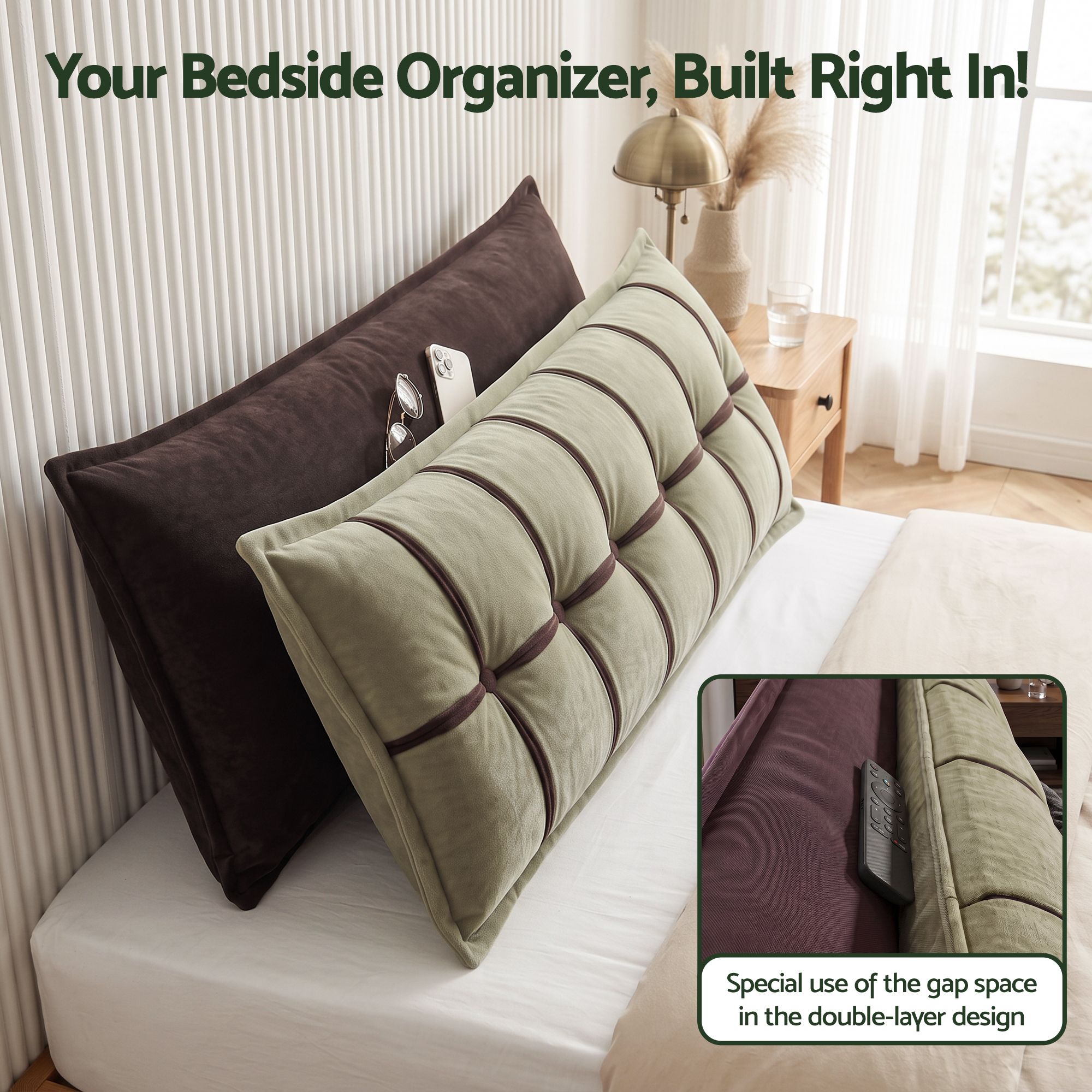 Giselle Bedding Headboard Pillow with Double-Layer Storage Wedge Reading Backrest with Adjustable Filling, Chenille Bed Rest Cushion for Daybed, Dorm, and RV โ image 2