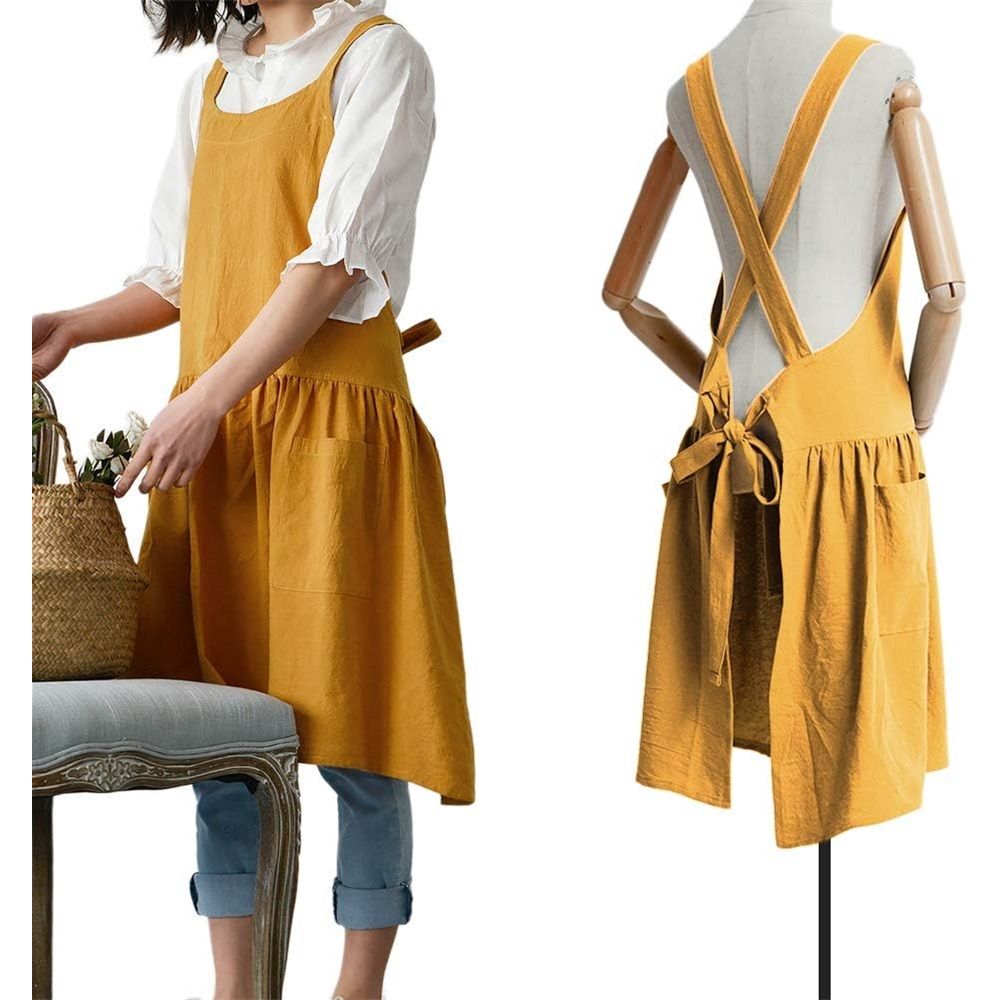 Women's cotton and linen apron with cooking and cleaning pockets, yellow, without waistband (ginger yellow) โ image 2