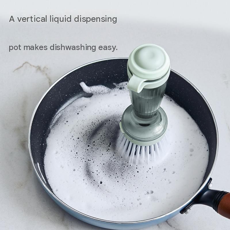 Grey Liquid Dispensing Kitchen Brush - 120ml Handle Reservoir, Replaceable Bristle and Sponge Heads, Ergonomic Long Handle for Pots Pans and โ image 4