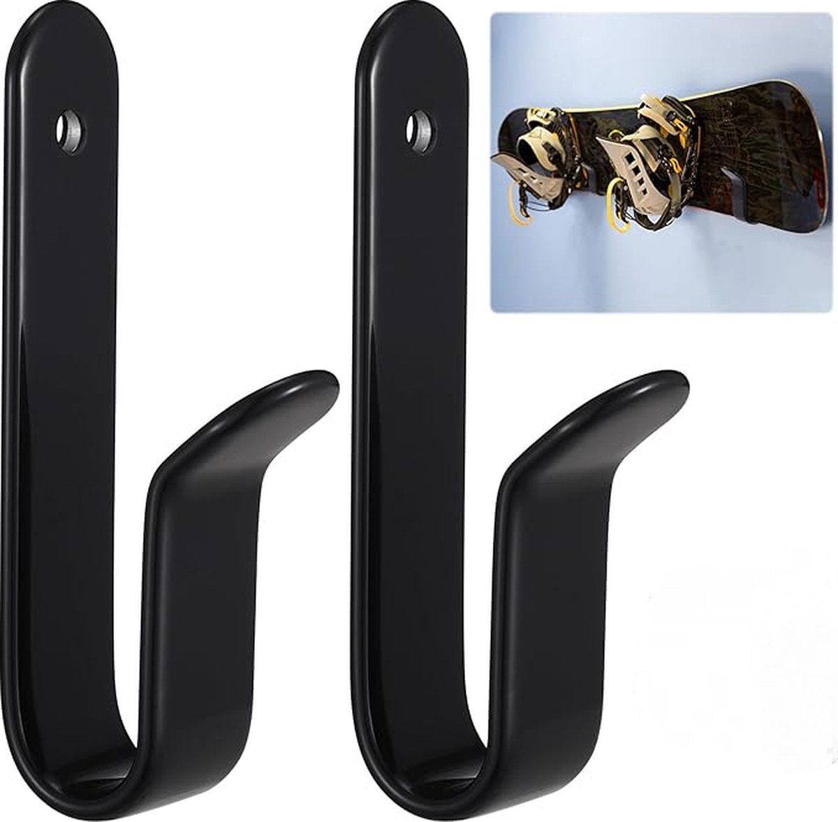 2-Pack Black Steel Wall-Mount Storage Hooks for Snowboards, Skateboards and Surfboards, 10 x 2 x 3.3 cm