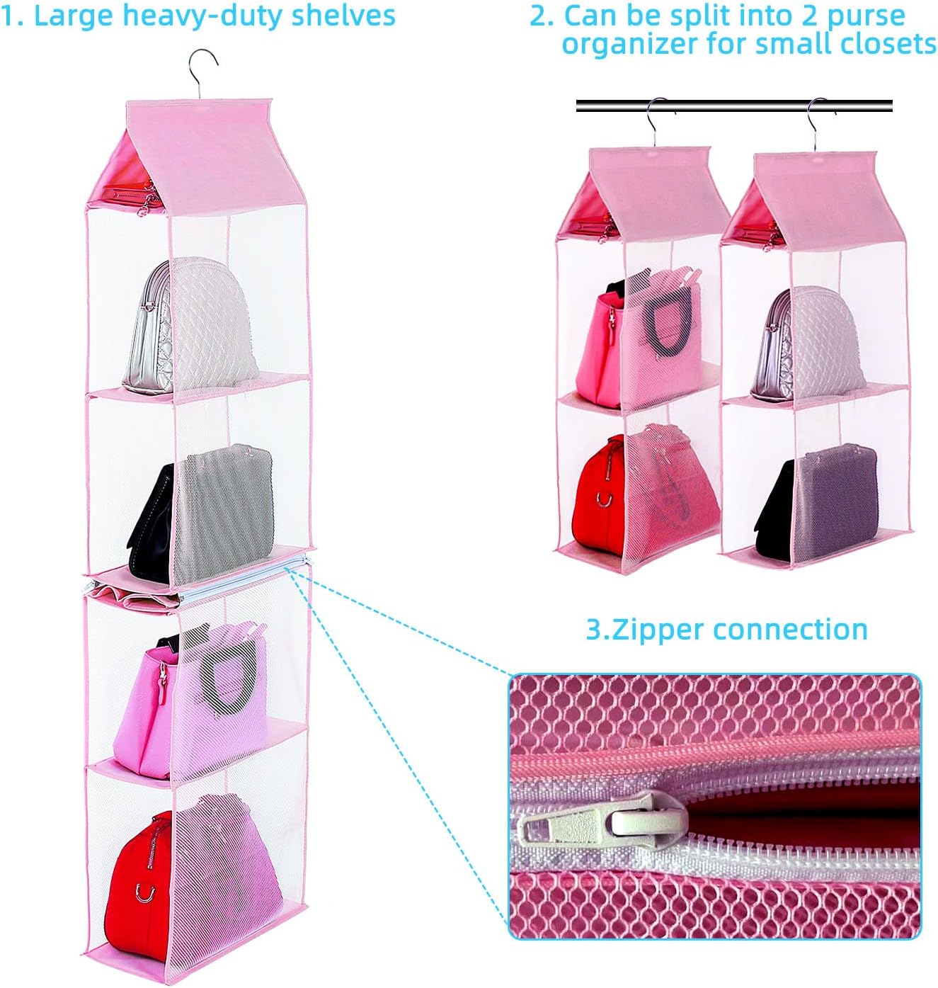 Closet Purse Organizer, Hanging Handbag Organizer with 4 Heavy-Duty Mesh Shelves Closet Purse Storage Bag (Pink) — image 4
