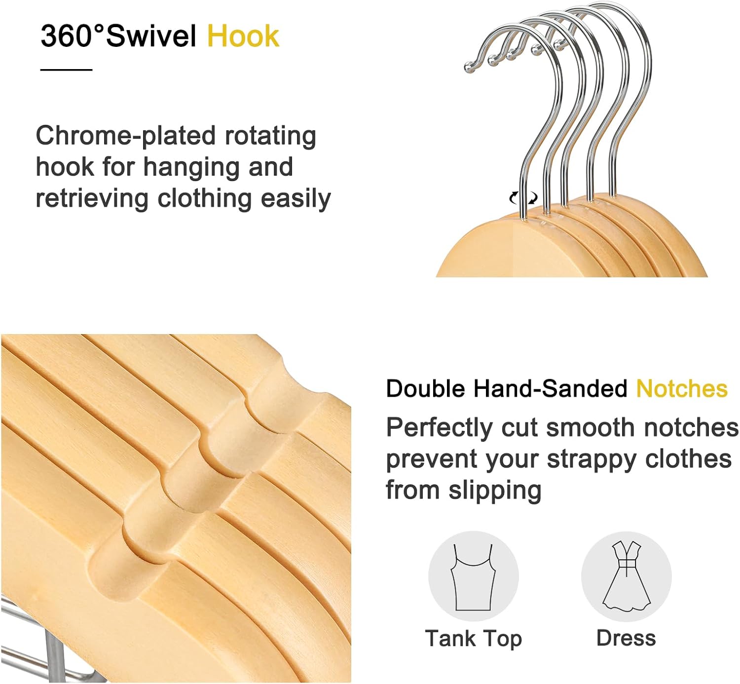 TOPIA HANGER Wooden Hangers with Adjustable Metal Clips and 360° Swivel Hook, Premium Wood Clothes Hangers 10 Pack for Suit, Pant, Skirt, Jeans, Coat — image 5