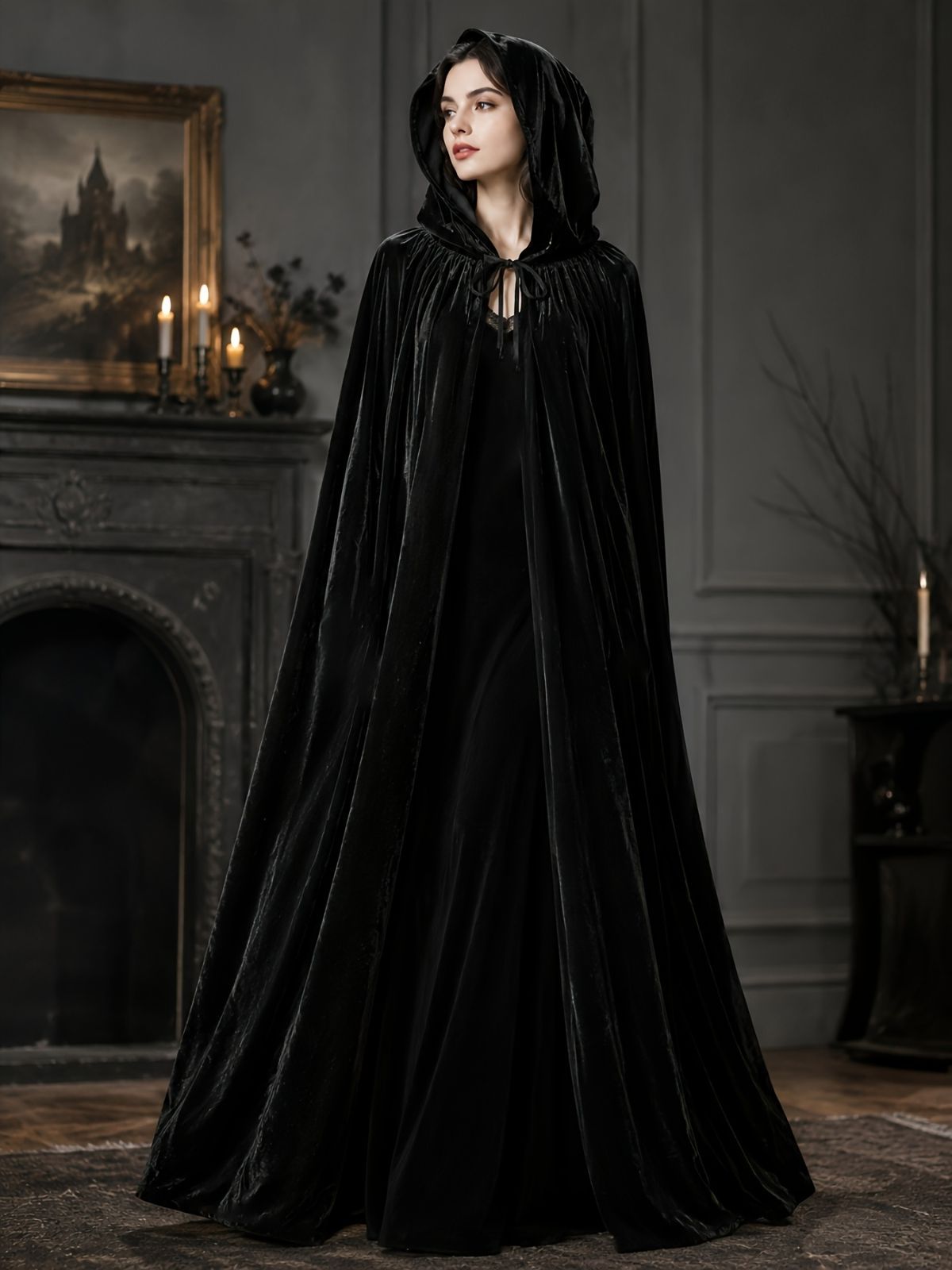 Black Velvet Cape Hooded Cape Cosplay Cape Halloween Costume Cape Party Cape - Black - Size L