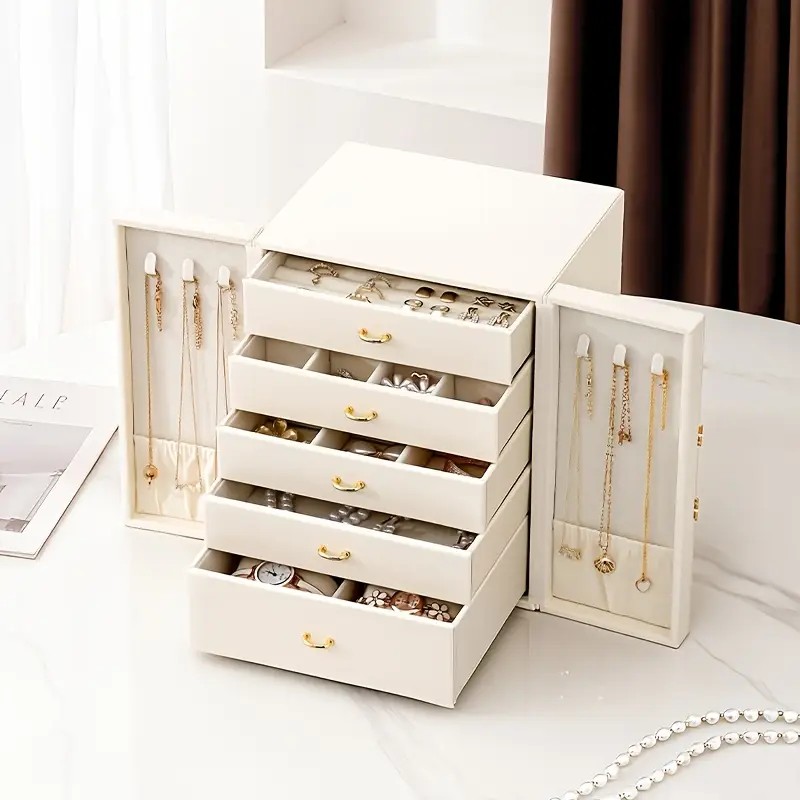 White 1 Large Faux Leather Jewelry Storage Box with 5 Drawers and Gold Handles - An elegant rectangular storage space for rings, necklaces, bracelets โ image 2