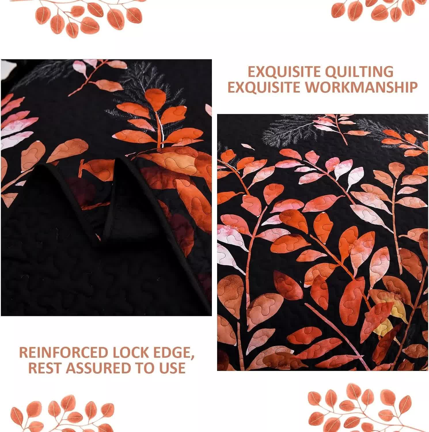 Black and Red Leaves Quilted Bedspread & Pillowcase Set โ image 3