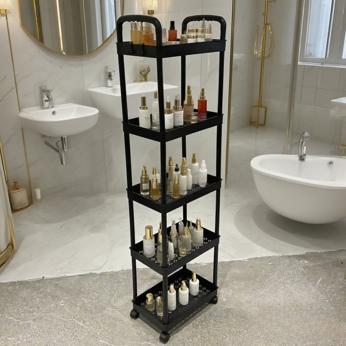 Five-Tier Rolling Cosmetics Storage Rack - Made of durable plastic, equipped with 360-degree swivel casters, strong load-bearing capacity - Suitable for