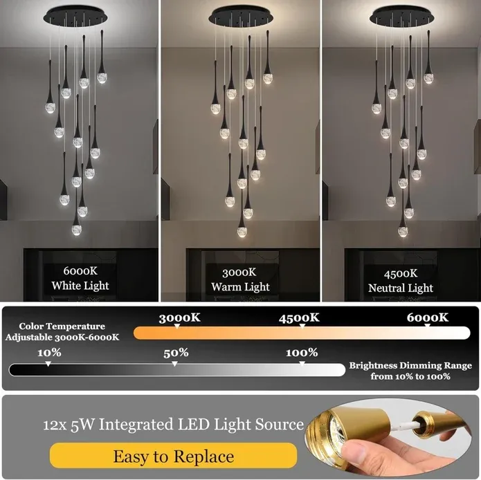 BAMDECOR LT08 12-Heads Solid Crystal Teardrop Chandelier High Ceiling Foyers Entrance Chandeliers Staircase Long Pendant Light (Black) — image 5