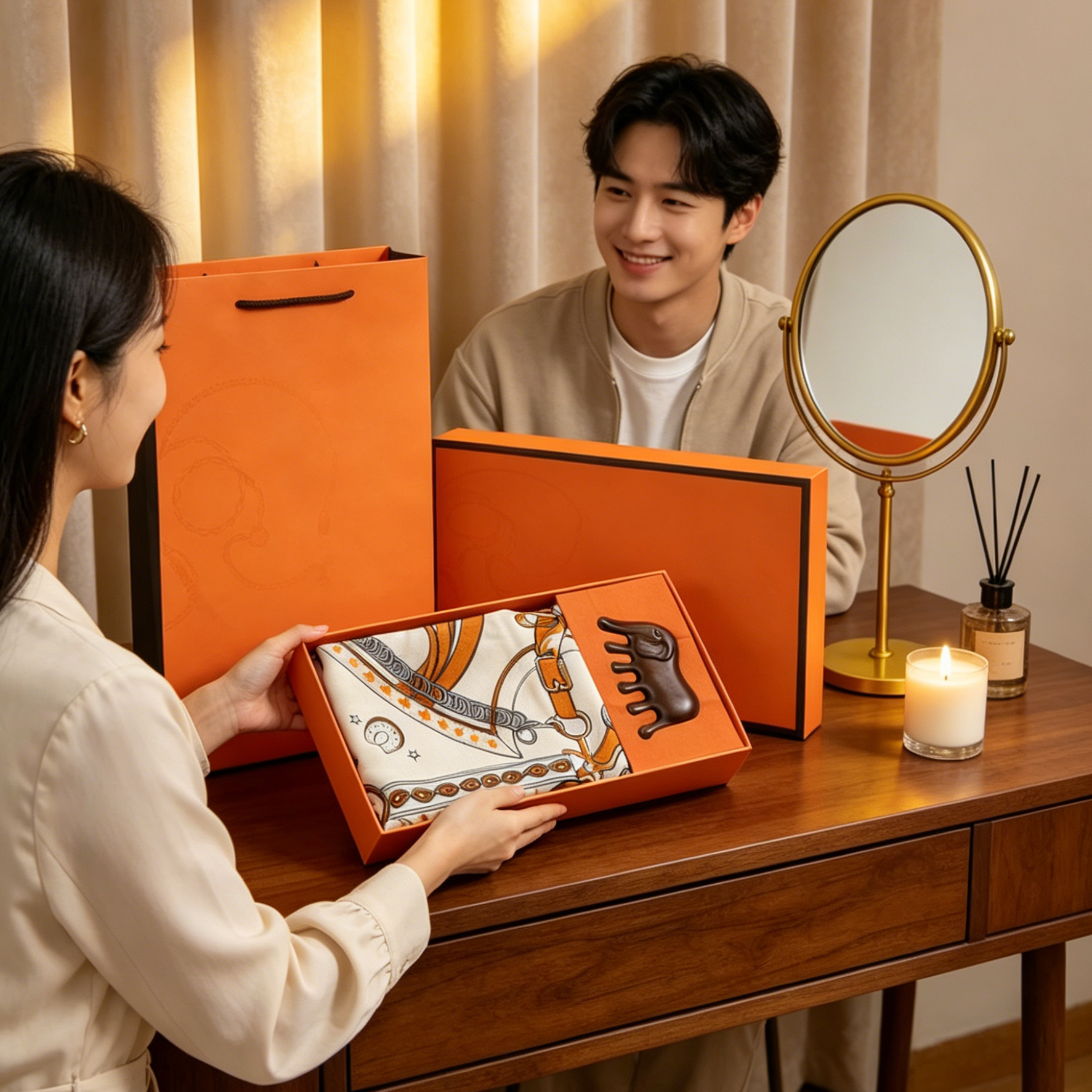 Luxury Orange Scarf Gift Set for Women - 70x70cm Belt Buckle Print Square Scarf with Elephant Comb, Stylish Neck Scarf & Hair Comb Set in Gift Box - Perfect — image 2