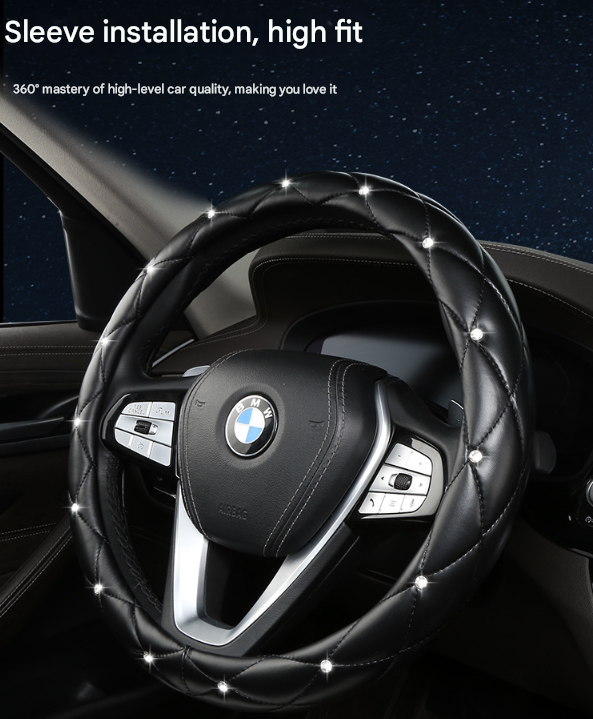 White Luxury Bling Steering Wheel Cover - Black Quilted Leather with Crystal Rhinestones, Universal 38cm Fit — image 3