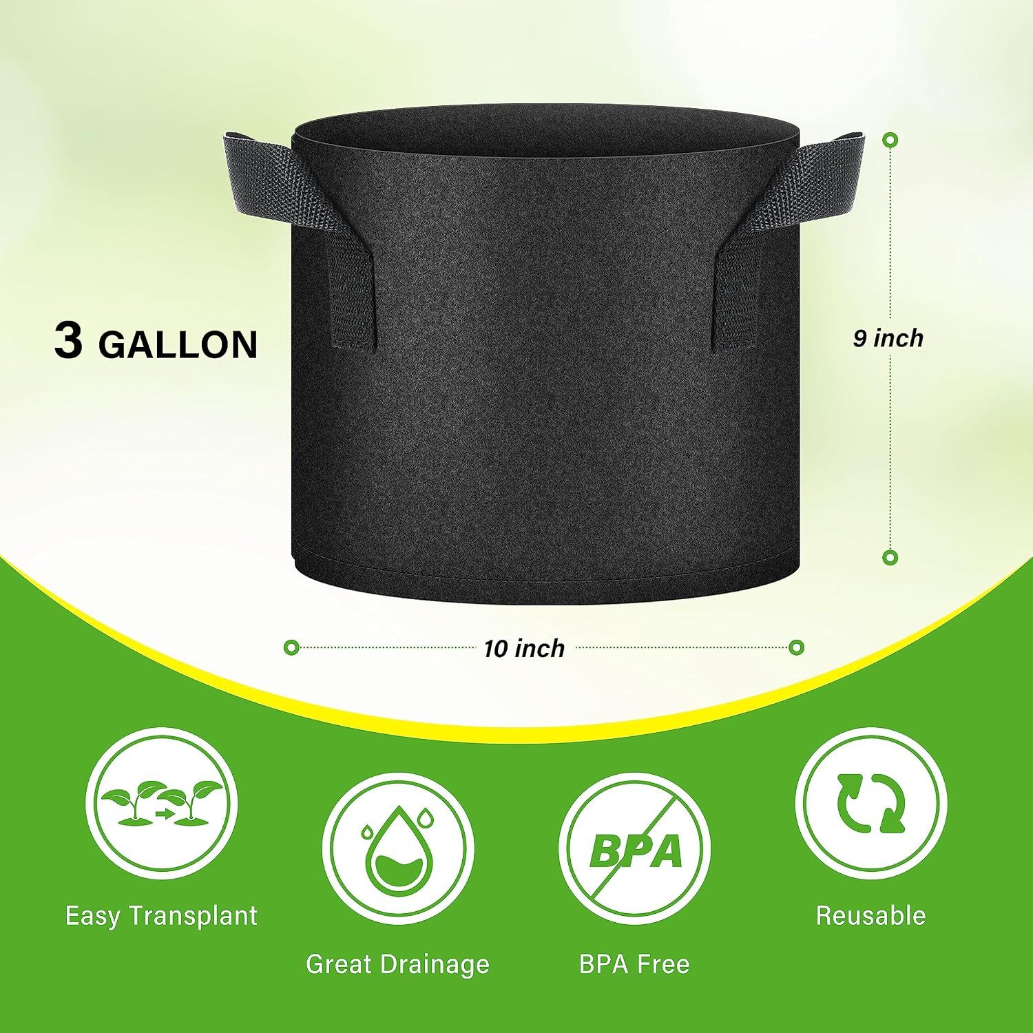 HealSmart 6-Pack 3 Gallon Nonwoven Grow Bags - Aeration Fabric Pots with Handles for Garden Fruits Vegetables Flowers - Black โ image 2