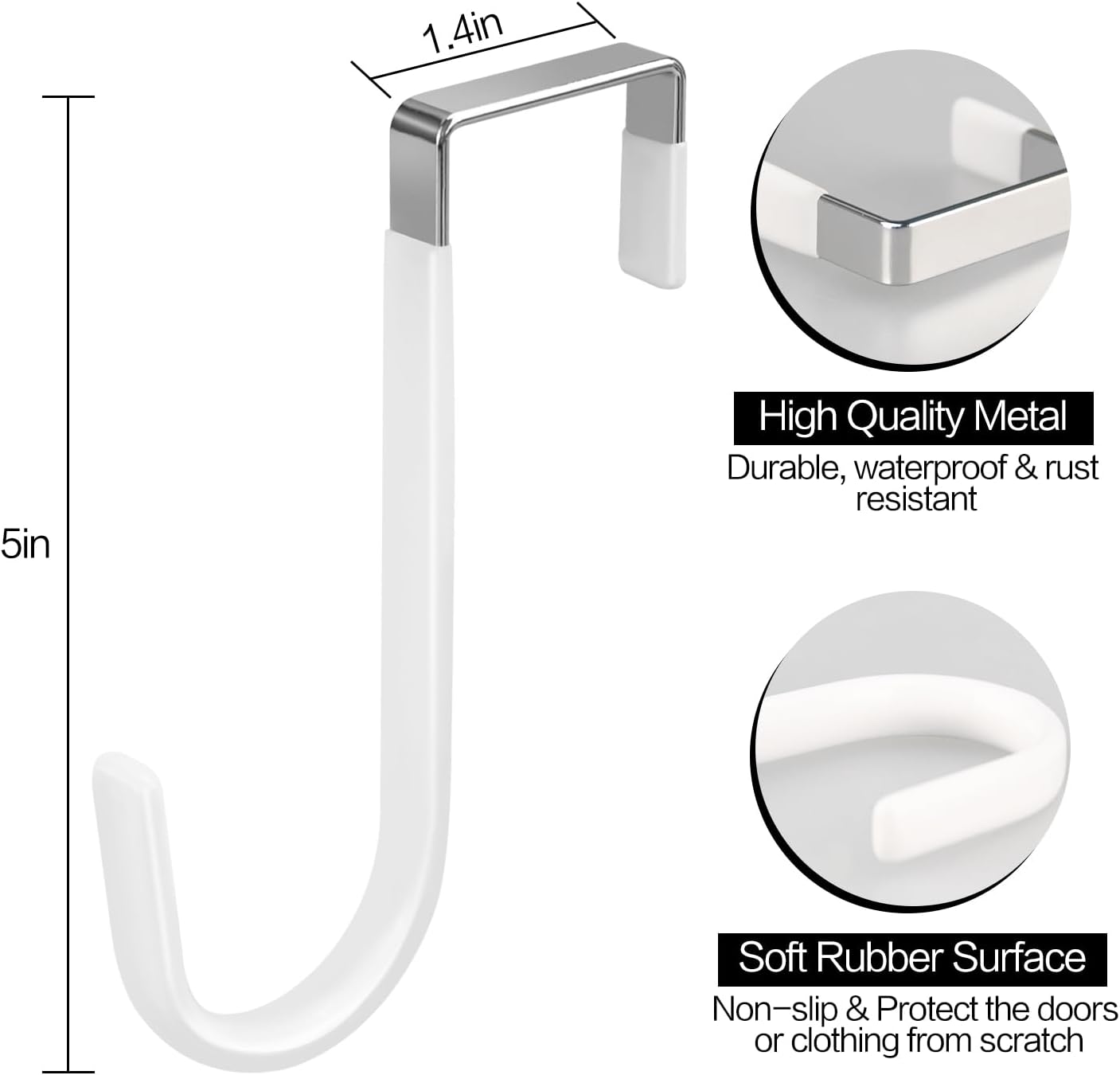 4 Pack Over The Door Hooks, Fits Doors Less Than 1.4in Thick, White Rubber Surface Prevent Scratch Door Hanger Hooks for Bathroom, Living Room, Kitchen — image 3