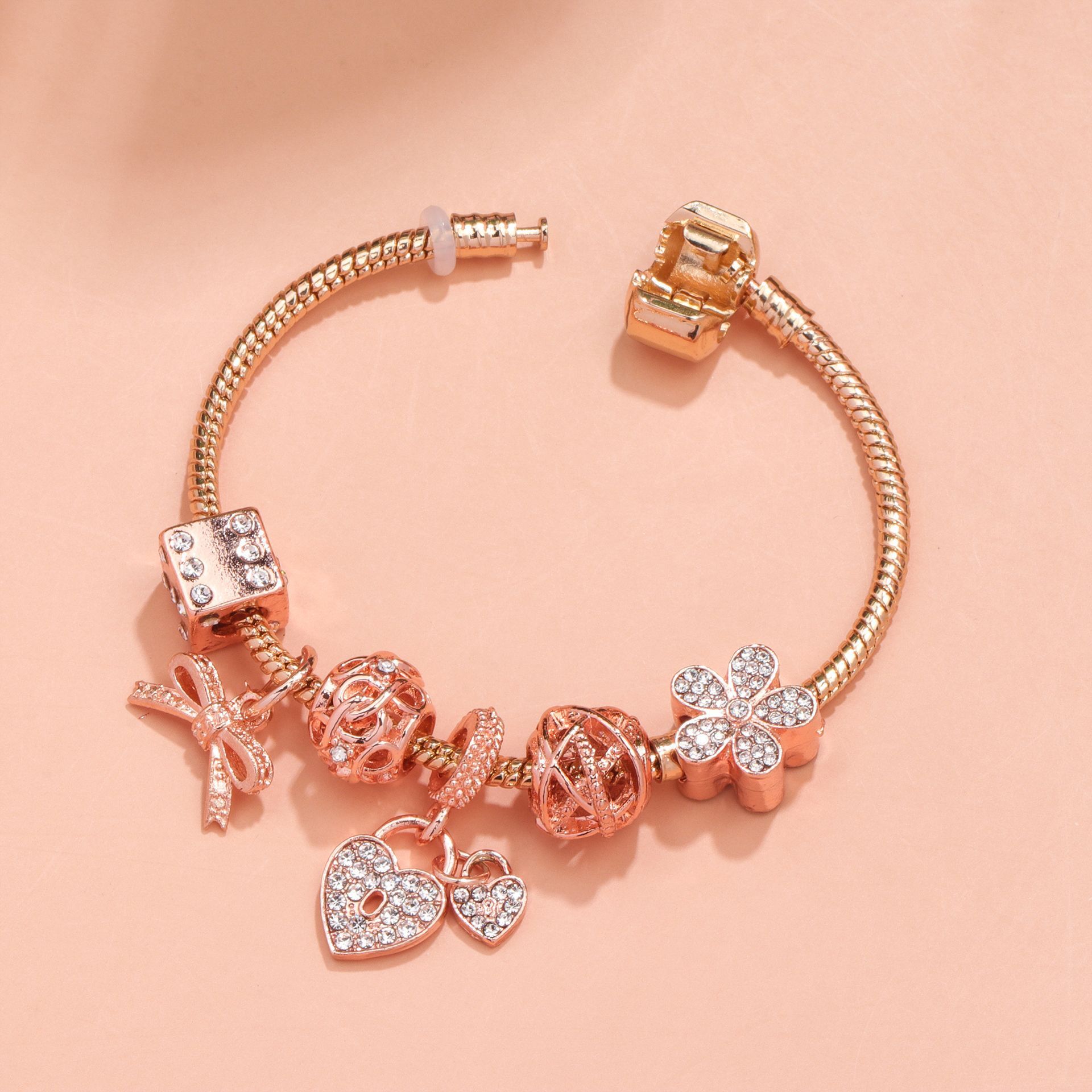 Hollow Out Crystal Flower Heart Bow Charm Bracelet(rose gold, 19cm) โ image 3