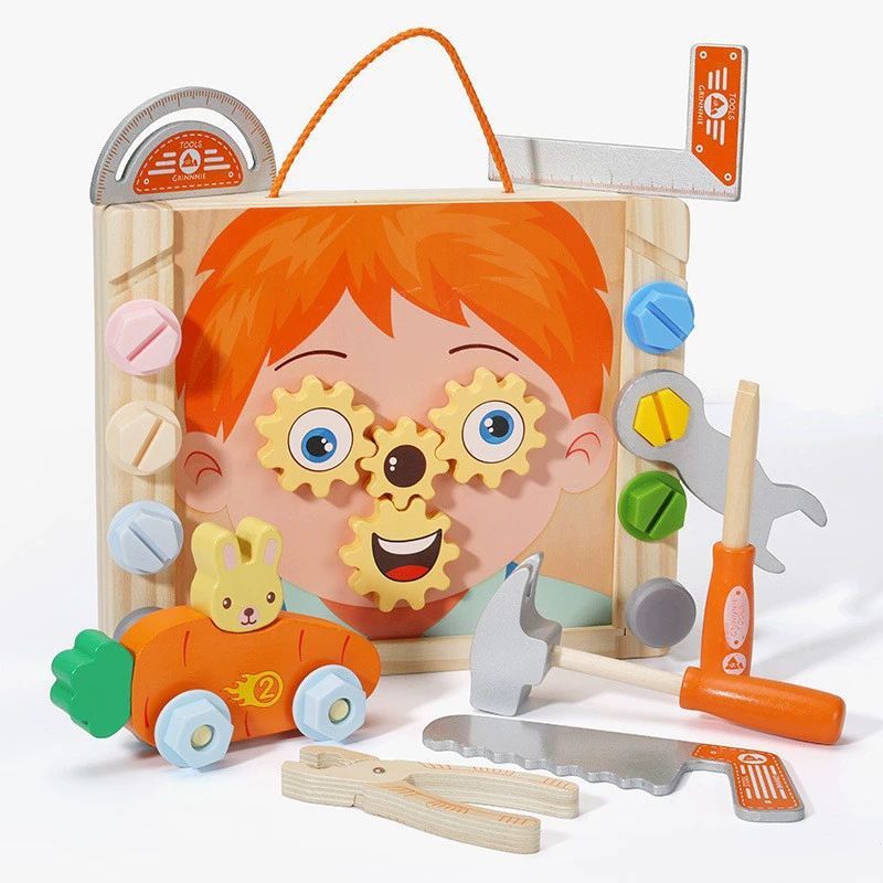 wooden toolbox, animal themed toy, building set, kids construction toy, fine motor skills, creative play, educational toy, birthday gift, Children's Day gift