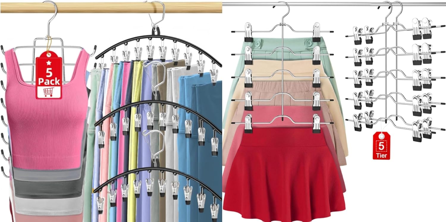 Legging Organizer for Closet Hanging, 3 Pants Leggings Hangers with 30 Clips, 2 Pack Pant Hangers Skirt Hangers, 1 Tank Top Hanger, 1 Metal Magic Space Saving