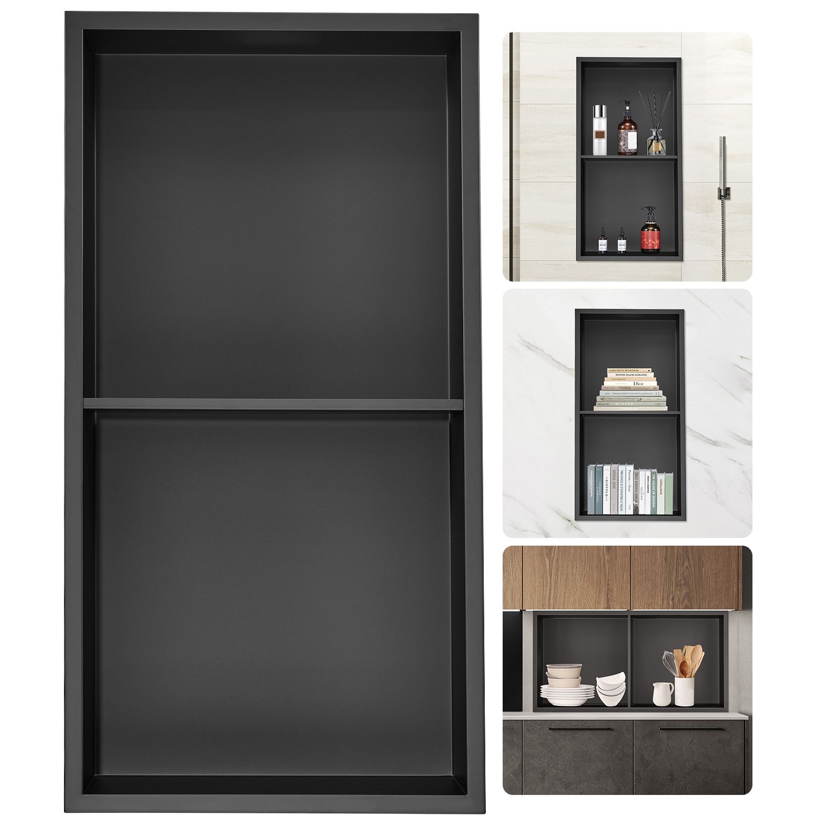 33.02 x 63.5 cm No Tile Shower Niche 304 Stainless Steel, Wall-Inserted Niche Recessed Double Shelves, Sealed Waterproof Rust-Resistant Modern Niche for Shower