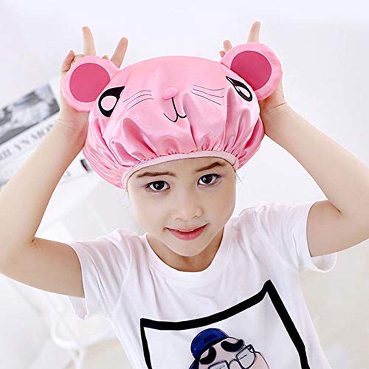 Shower cap - 2 pieces - pink mouse and gray mouse - cute shower cap with double layer - waterproof - Bath cap, children, long hair, shower cap — image 5