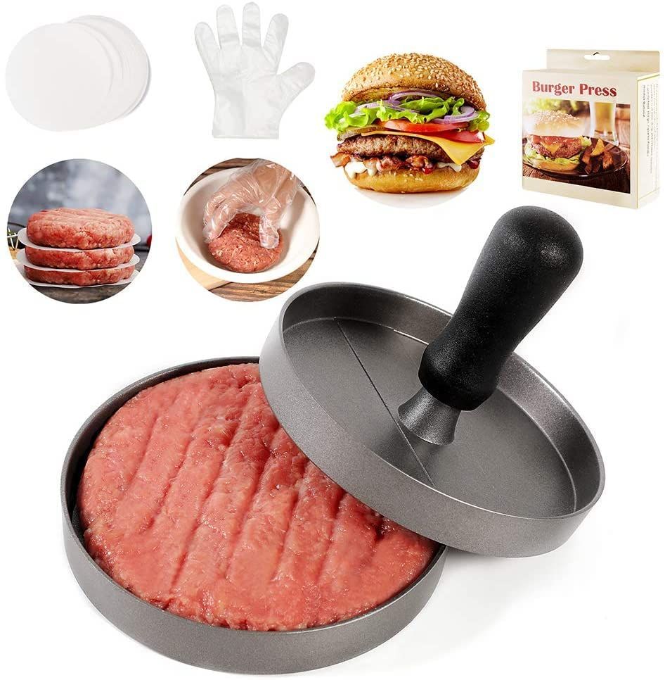 Hamburger Press Patty Maker Aluminum Non-Stick Burger Press with Wax Paper Plastic Gloves and Spatula, 4.5 in Diameter