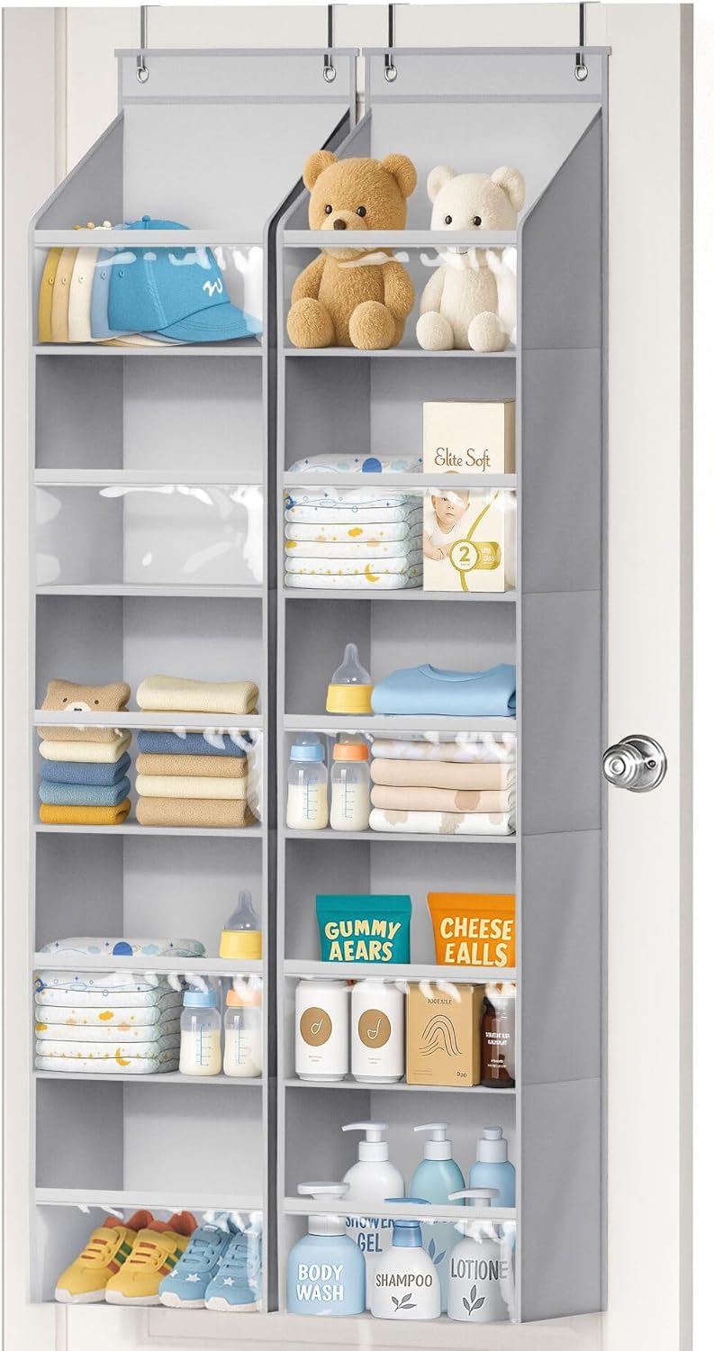 2 Pack Over the Door Organizer, Large Capacity Closet Door Hanging Organizer, Clear Deep Pockets Baby Organizer Storage for Nursery, Bathroom, Bedroom, Pantry