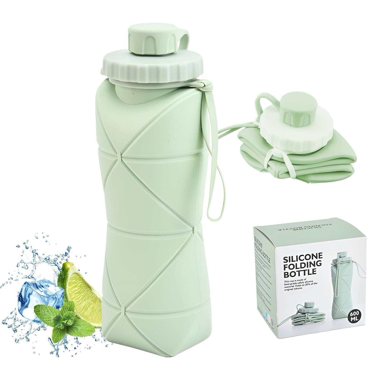 Collapsible Silicone Water Bottle 600ML – Foldable, Leak-Proof, BPA-Free, Portable Outdoor Sports Bottle with Carrying Strap – Compact Design for Hiking, Gym