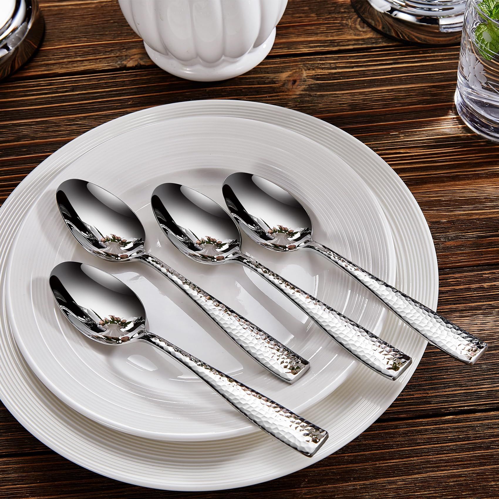 4pc Premium Hammered Spoons Set, Stainless Steel, Set of, Fine Spoon Set with Squared Edge, Dishwasher Safe — image 3