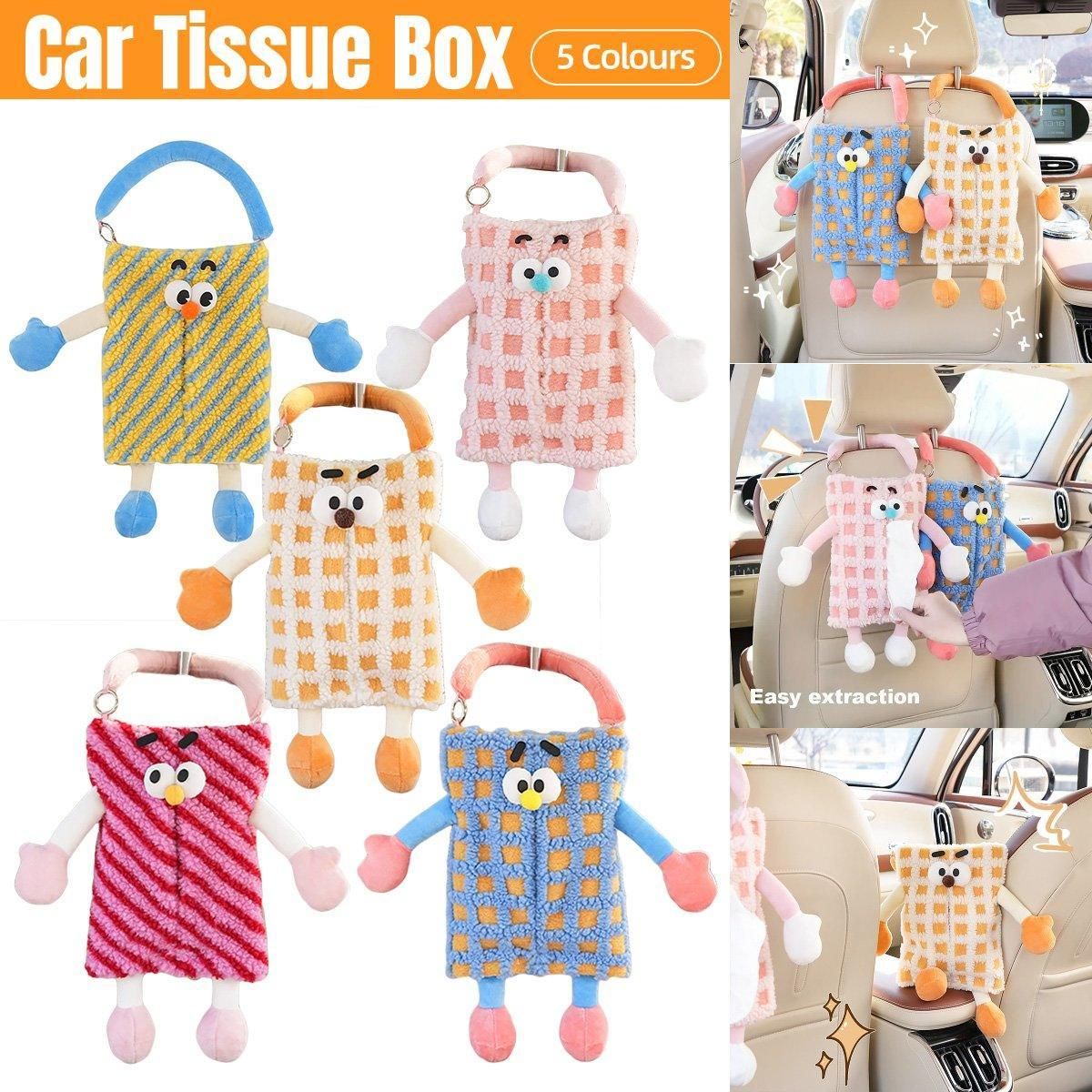 Plush Car Tissue Box Striped Plaid Seatback Hanging Tissue Holder Drawer Design - Orange โ image 2