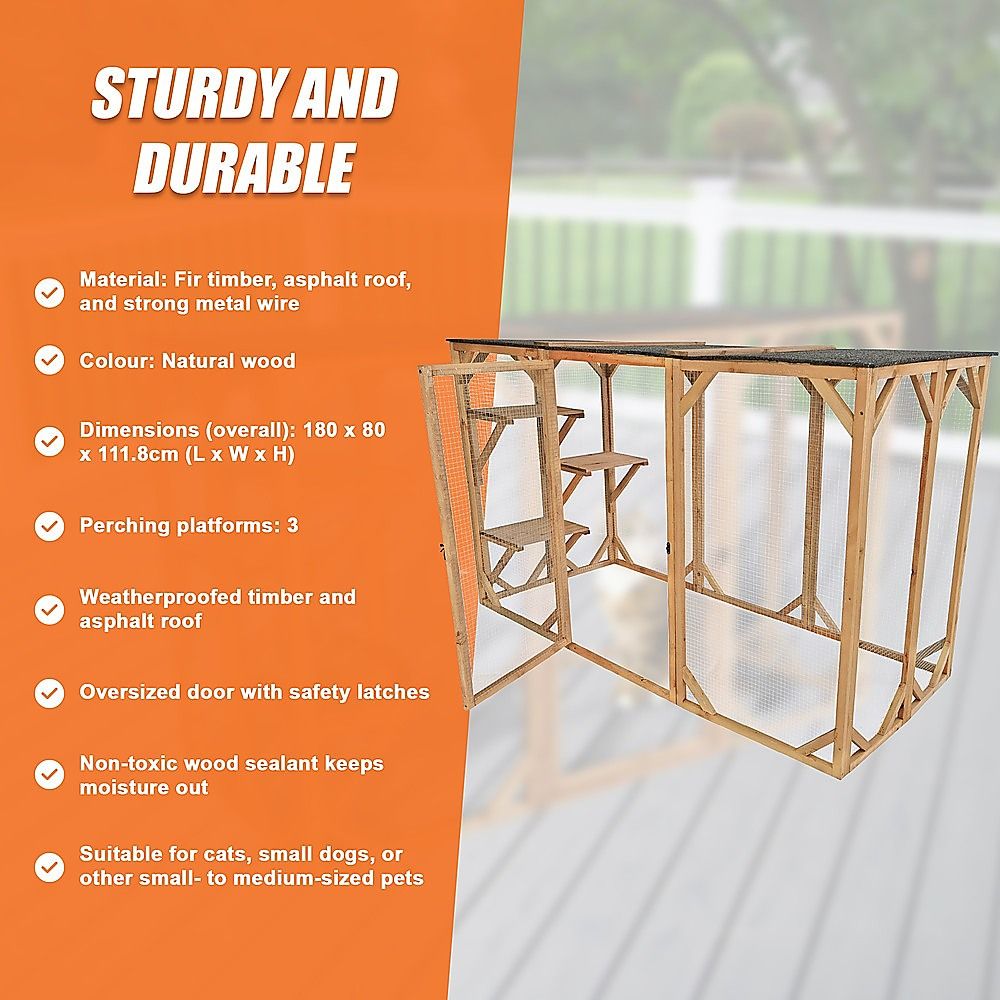 180cm Large Wooden Cat Enclosure Outdoor Cat Cage with 3 Platforms & Weatherproof Roof โ image 3