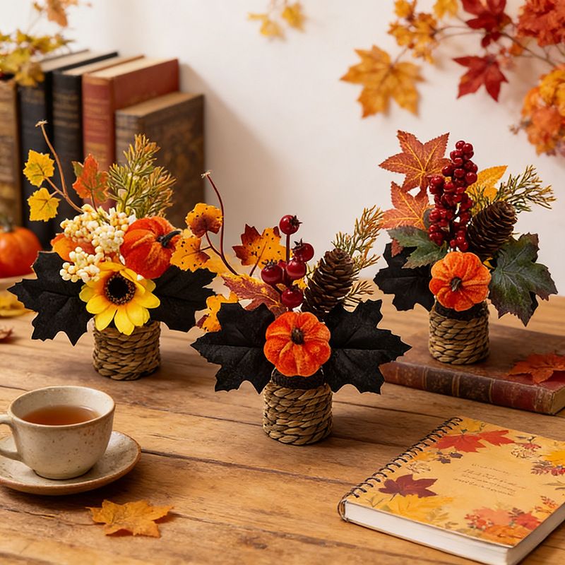 Autumn artificial mini potted plant, woven basket paired with sunflowers, pumpkins, and maple leaves, full and realistic petals, no maintenance required โ image 2