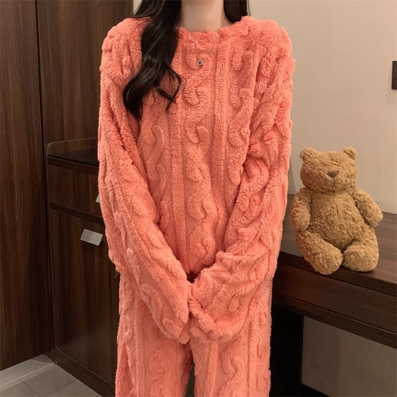 Pink Coral Fleece Jacquard Thermal Pajama Set โ Autumn/Winter Fleece-Lined, Thickened, Casual Loungewear โ image 3