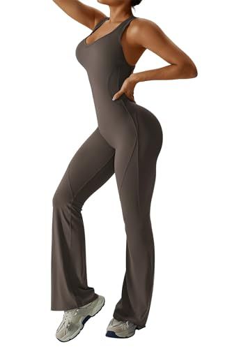 Sleeveless Open Back Flared Jumpsuit for Workout, Yoga, Casual Everyday & Occasions, L (dark brown) — image 3