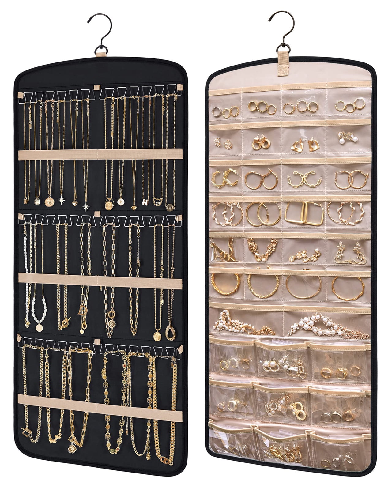 Hanging Jewelry Organizer Necklace Holder Anti-tangle Earrings Rings Hanger with 20 Jewelry Bags Travel Storage Roll with Pockets Hang on Closet, Wall, Door,1
