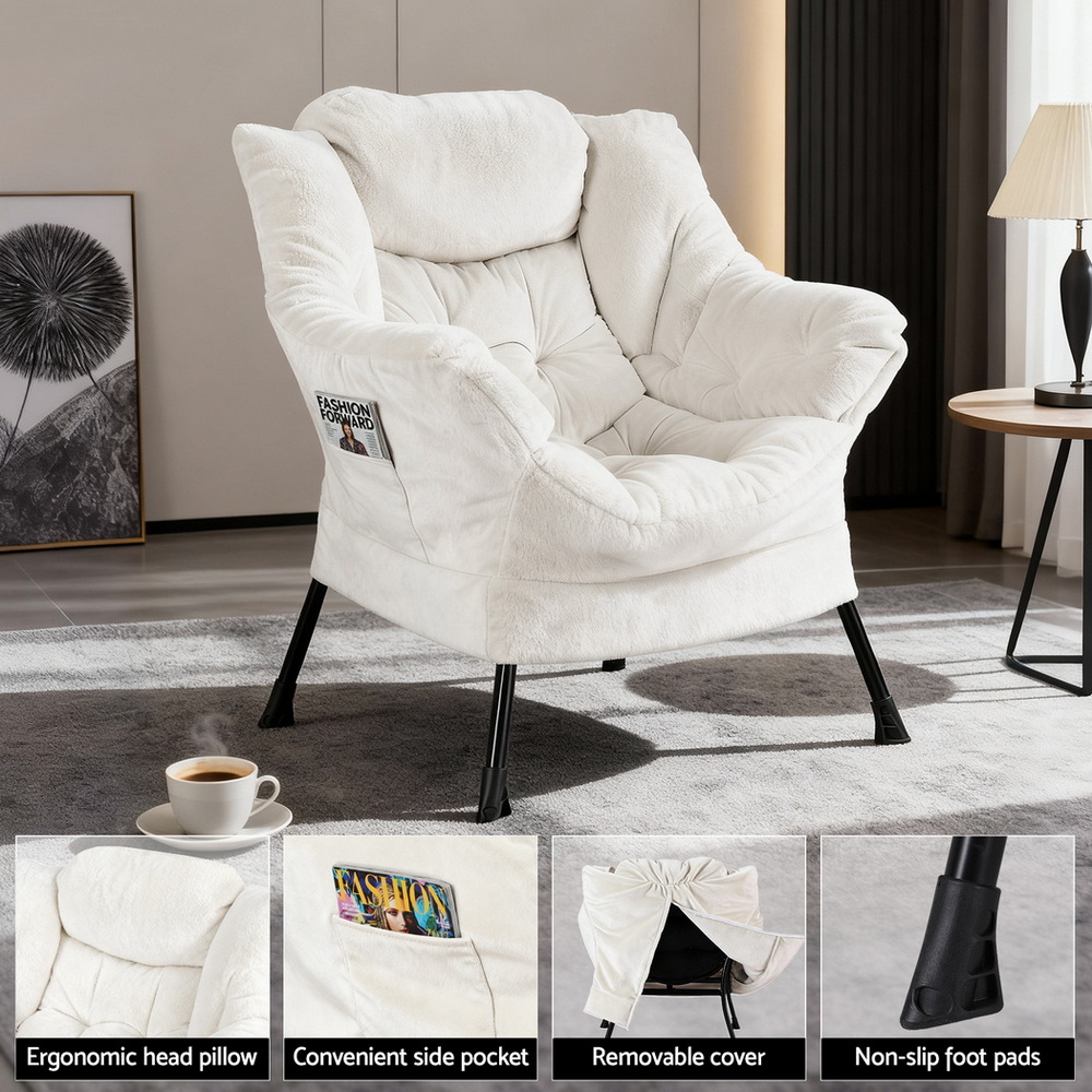 Artiss Armchair Accent Chair Ottoman Lounge Footrest Velvet White — image 4