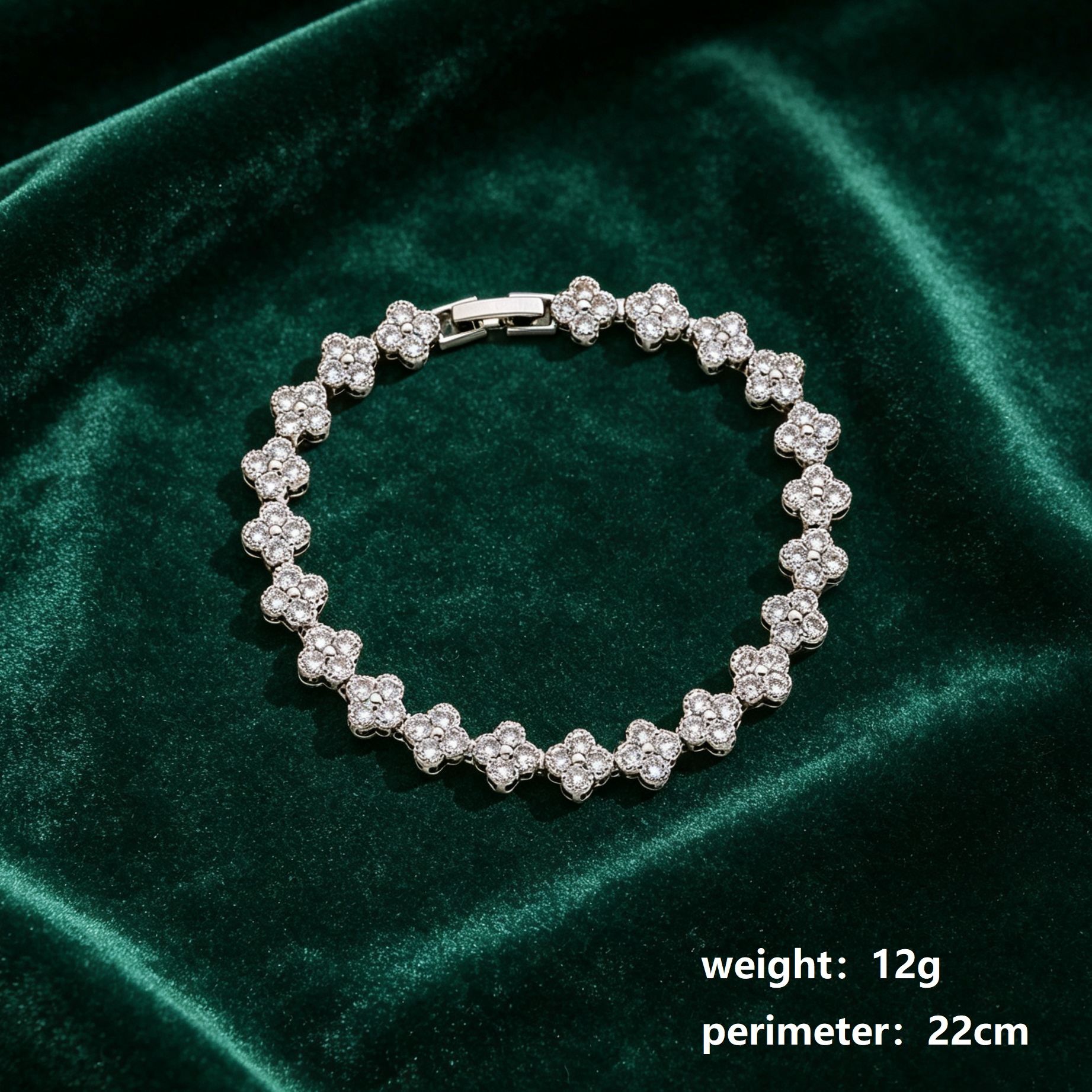 Silver and White Four-Leaf Clover Zircon Bracelet - Gold-Tone Alloy Lucky Charm Wristband with Full Crystal Pave, 22cm Elegant Fashion Jewellery for Women — image 3