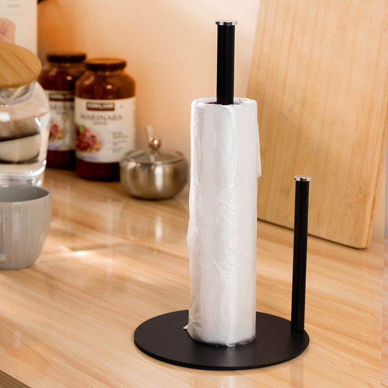 Iron Double Pole Paper Towel Holder for Kitchen Countertop Cling Film Storage Rack-Black โ image 4