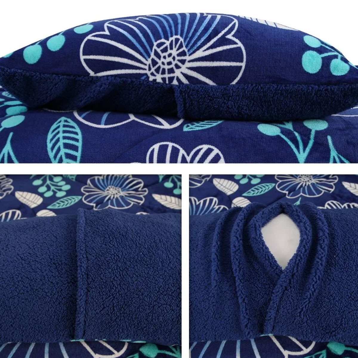 Ramesses Blue Flower Printed Sherpa Flannel Fleece Reversible Blanket Set Queen/King — image 5