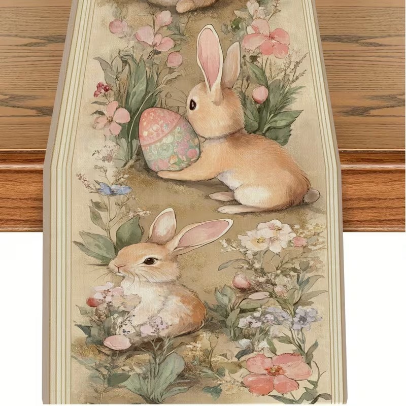 33 × 183 CM Festive Easter Linen Table Runner - Cartoon Bunny Table Runner & Stain-Resistant Primitive Home Decor (Style-6)