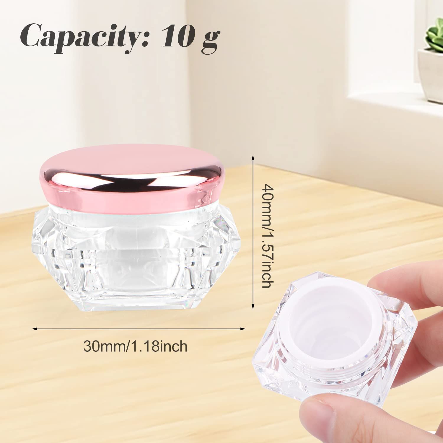 12 Pack 10g Plastic Cream Jars Cosmetic Container Refillable Sample Pot Diamond Shape Clear Makeup Vials Bottles with Pink Lids — image 5