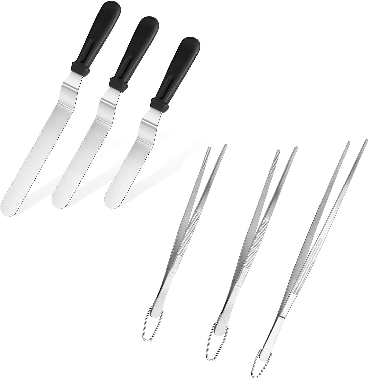 Icing Spatula, Stainless Steel Angled Cake Decorating Frosting Spatula Set of 3 (Black), and 8"+10"+12" Kitchen Cooking Tweezer: 18/8 Stainless Steel Metal