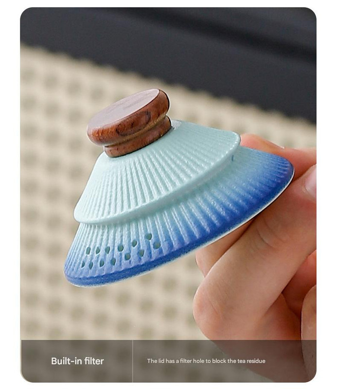 Artisan Ceramic Tea Pot with Built-in Strainer - 280ml, Gradient Finish & Wooden Accents(Blue+green) โ image 3