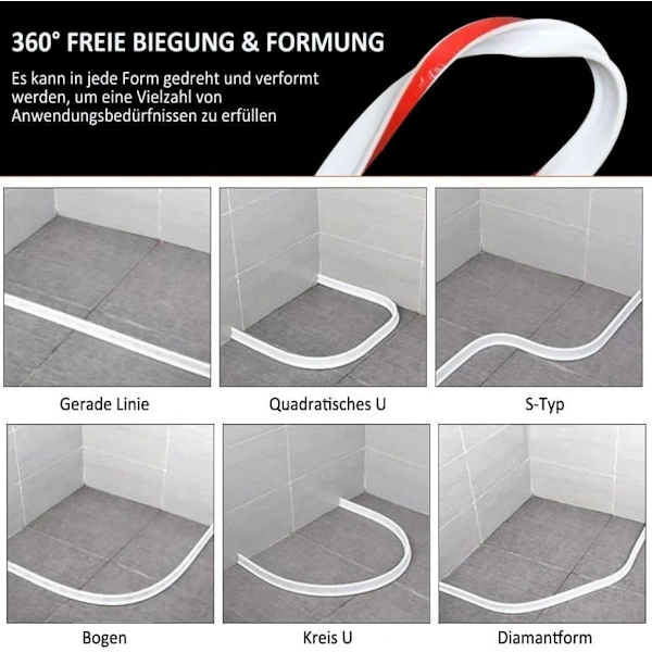 2m Self-Adhesive Shower Strip, 4cm High Waterproof Rubber Strip for Bathroom and Kitchen, Shower Threshold / Water Barrier White — image 3