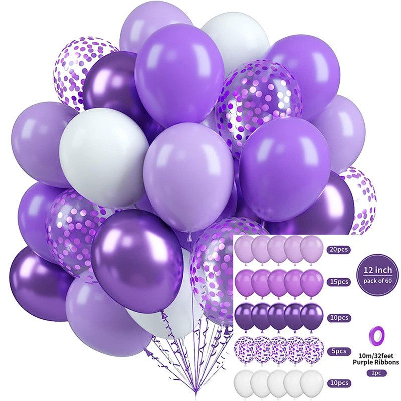 60-Piece 12-Inch Assorted Latex Balloon Set, Heavy-Duty Latex Balloons + Glitter Balloons + Ribbons, Birthday Party & Wedding Decor Balloons, Multi-Color