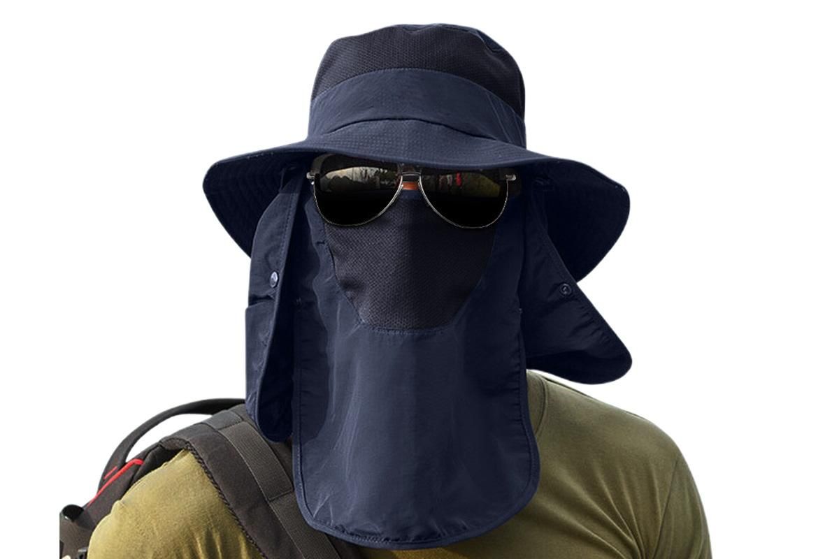 Outdoor Sun Protection Fishing Cap Wide Brim Hat With Neck Flap And Face Cover - Navy Blue — image 2
