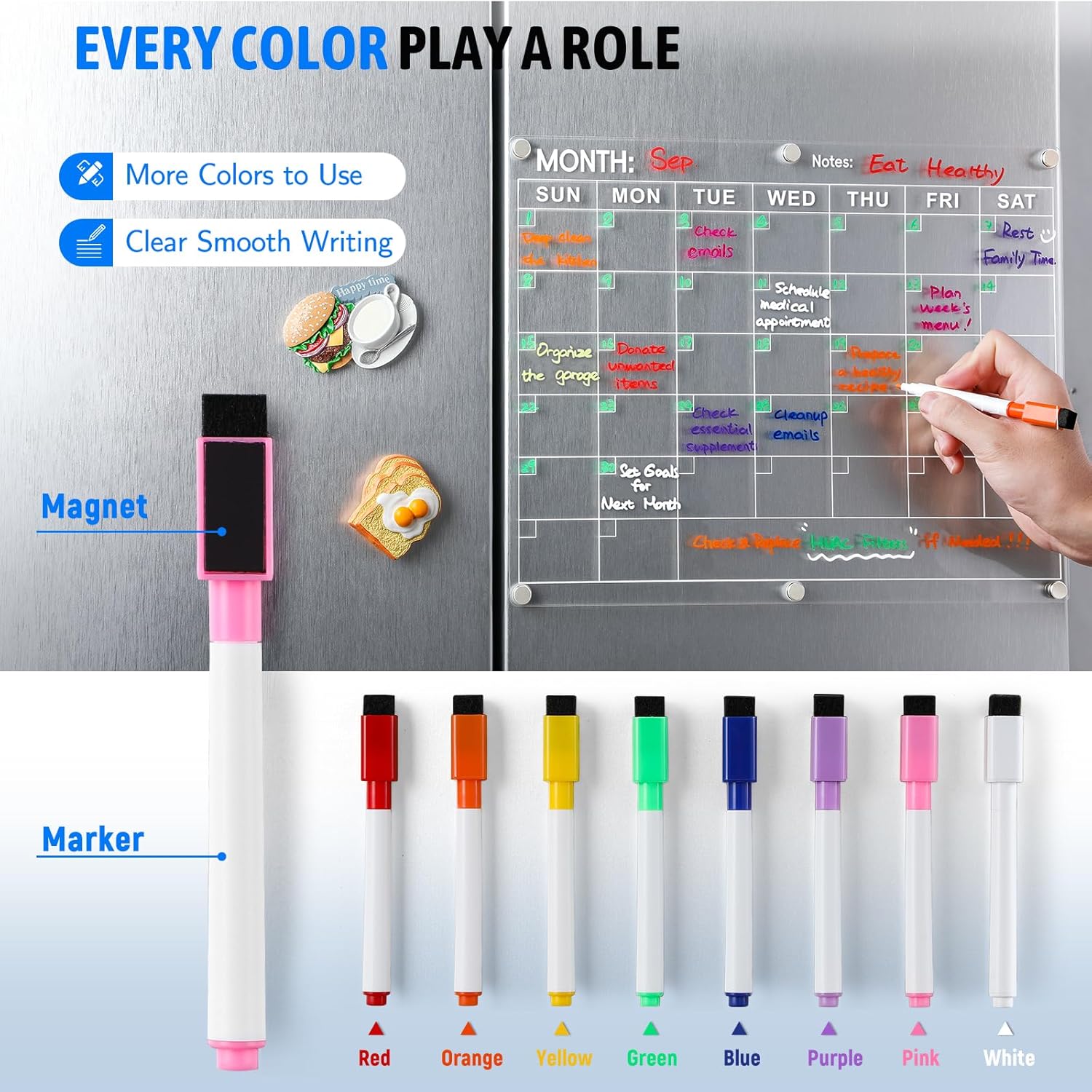 Acrylic Fridge Calendar, Magnetic Monthly Planner with 8 Color Markers, Clear Dry Erase Board for Events/Meetings/Shopping Lists - 14.5 * 11.5'' — image 4